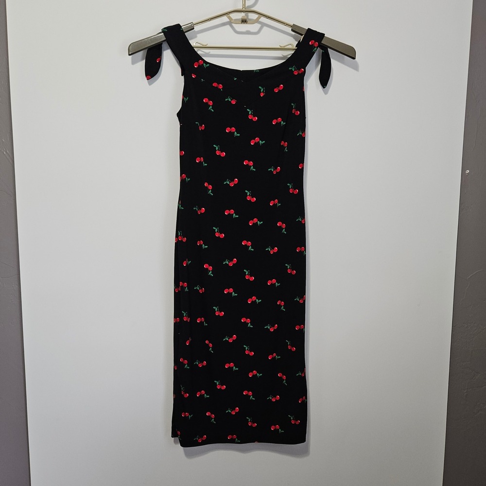 Cherry Print Midi Dress Small Y2K Tie Shoulder Sleeveless Bodycon Fruit Retro